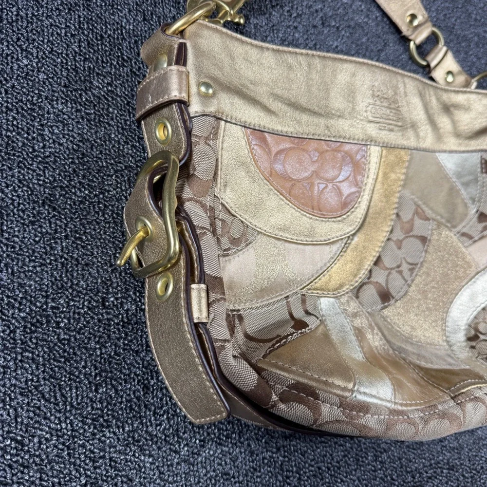 Vintage Coach Canvas Patchwork Hobo Bag Gold Metallic Hardware Leather Y2K 12663